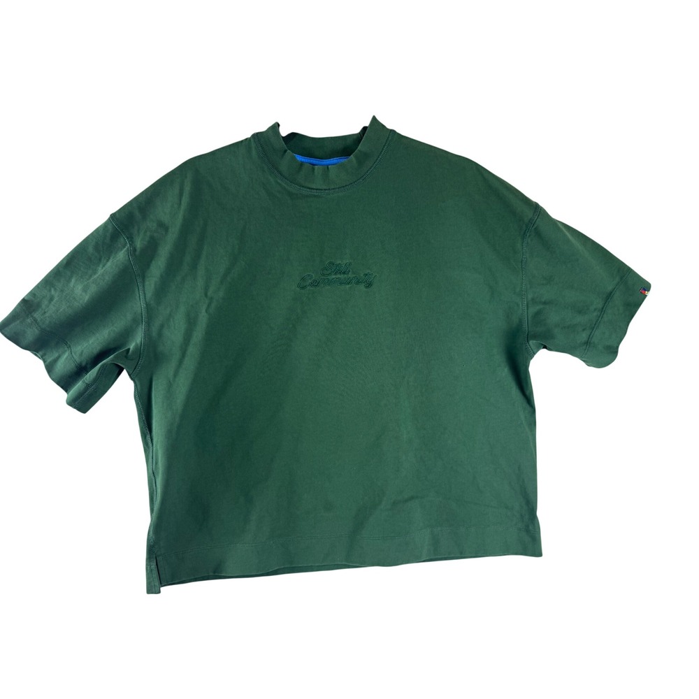 Still Community Forest Green Boxy Mock Neck T-Shirt Mens Medium 100% Cotton